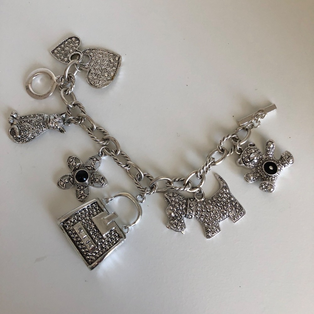Vtg Chuncky Silver Tone Charm Bracelet Whimsicle Oversize Purse Dog Cat Flower